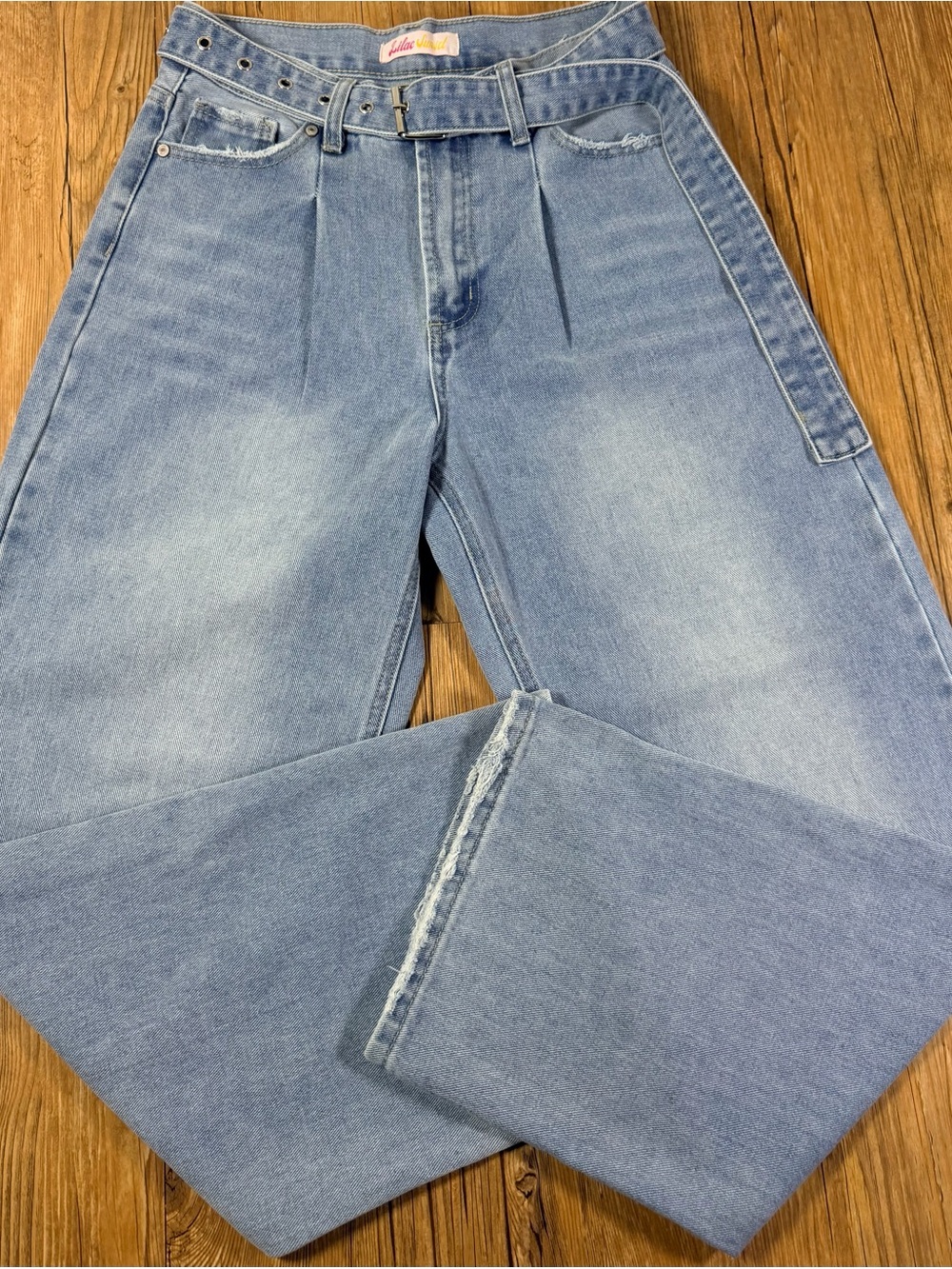 Lilac Sunset Belted Wide Leg Jeans Light Wash High Rise Y2K Distressed Denim